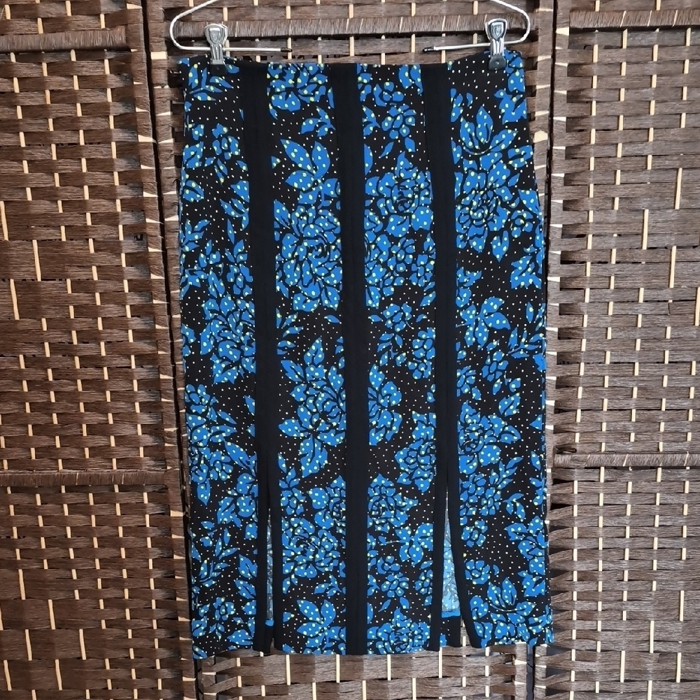 Diane Von Furstenberg Black and Blue Floral Pencil Skirt